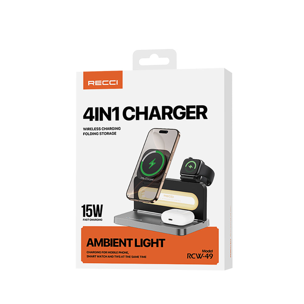 Recci RCW-49 Ambiyans Işıklı Telefon&Akıllı Saat&Kulaklık 15W 4in1 Kablosuz Şarj Standı Recci RCW-49 Ambiyans Işıklı Telefon&Akıllı Saat&Kulaklık 15W 4in1 Kablosuz Şarj Standı
